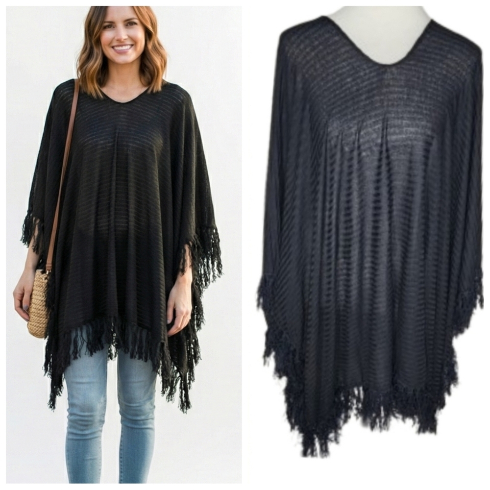 Sonoma black poncho sweater with fringe lightweight striped Women's one size NWT